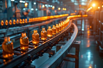 Warm-toned image illustrating production line efficiency with rows of amber bottles on a modern conveyor - obrazy, fototapety, plakaty