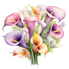 Elegant Calla Lily Bouquet Illustration in Soft Pink, Lavender, and Cream on Transparent Background