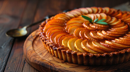 Freshly baked apple tart on a wooden table, with a golden crust and beautifully arranged apple slices, garnished with a mint leaf, accompanied by a vintage spoon. - obrazy, fototapety, plakaty