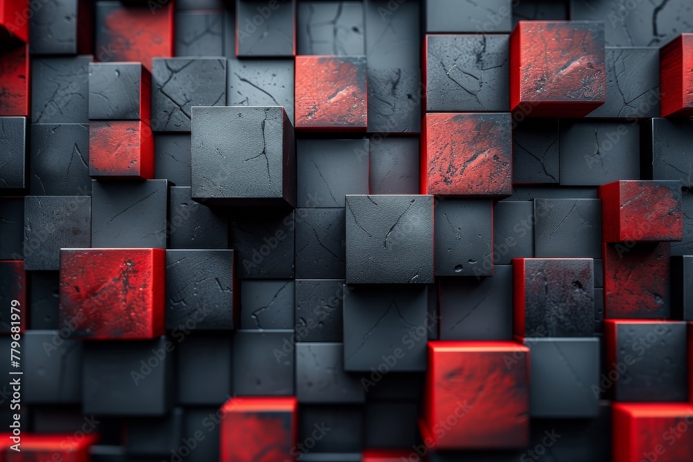 Poster this image depicts a 3d abstract pattern with interlocking red and black cubes, conveying complexity