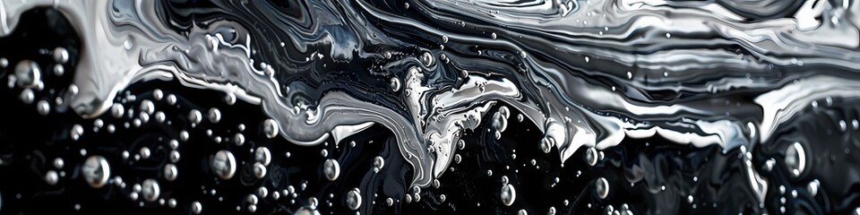 Liquid silver intertwines with midnight black, crafting a sophisticated and mysterious abstract masterpiece.