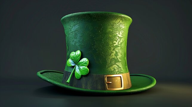 A 3D realistic green leprechaun top hat with a green clover shamrock is illustrated for St. Patrick's Day concept design, in classic retro vintage top hat style isolated on a black background