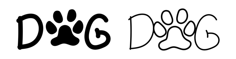 Text DOG with a dog's paw hand drawn vector illustration isolated on white background.