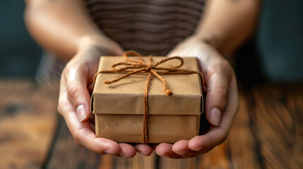 Close-up of hands presenting a wrapped gift with a rustic bow, conveying themes of giving, generosity, and celebration. Ideal for holiday, birthday, or special occasion concepts. - obrazy, fototapety, plakaty
