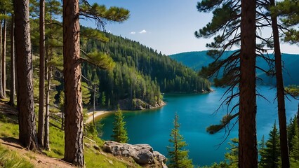 Beautiful mountain lake with turquoise water and pine trees on the shore. nature landscape