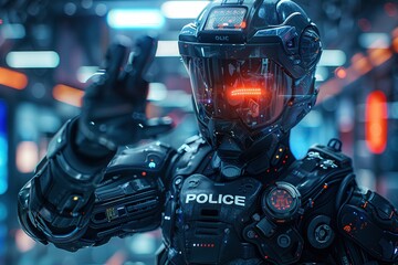 A futuristic police officer, their sleek uniform emblazoned with a glowing "POLICE" badge, patrols a bustling marketplace