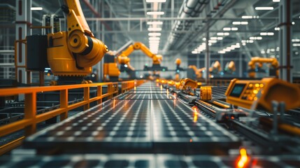High-Tech Robotic Arms Working on a Solar Panel Assembly Line in a Modern Smart Factory for Renewable Energy and Industrial Manufacturing