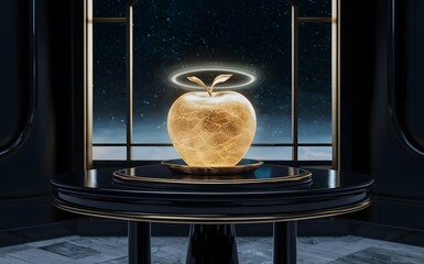 A stunning masterpiece on a black background, featuring an exquisite, glowing golden apple resting on a dark wooden table