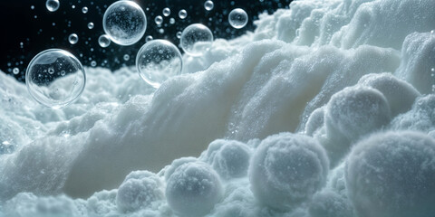 macro shot of a splash of soap foam with transparent bubbles