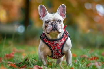 White French bulldog wearing red harness with black spot on head on green grass on autumn day - Powered by Adobe