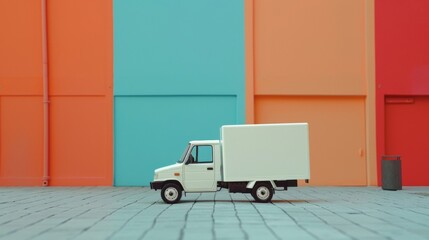 A small white delivery truck model positioned against a bright multicolored wall, urban logistics concept.