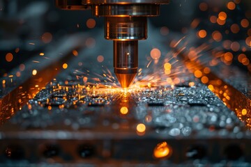 The image captures a high precision laser cutting process on metal, emitting vibrant sparks and detailing industrial manufacturing strength - obrazy, fototapety, plakaty