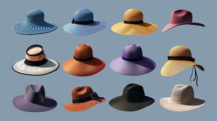 A set of women's fashionable hats in different colors and styles is presented in retro style, including elegant broad-brimmed hats, panama, gaucho, and fedora