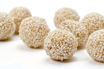 White sesame seed balls with heated jaggery a delicious and nutritious treat against a white backdrop