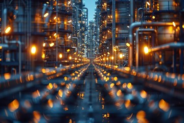 Obraz premium An image portraying a futuristic industrial facility, highlighted by bright and numerous lights lining the pathways
