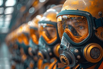Close-up shot of several worn hazmat helmets in a row, reflecting a dystopian or hazardous work environment - obrazy, fototapety, plakaty