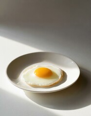 A perfectly fried egg centered on a white porcelain plate, set against a crisp white background, focusing on purity and form