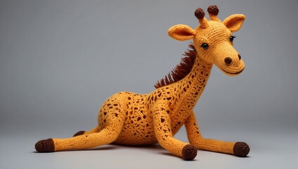 A toy, crocheted baby giraffe lies on a gray background. Postcard for World Knitting Day. - obrazy, fototapety, plakaty