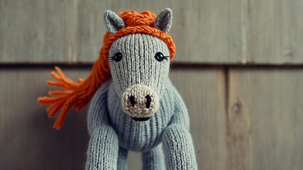 Crochet blue horse, toy, postcard. - obrazy, fototapety, plakaty