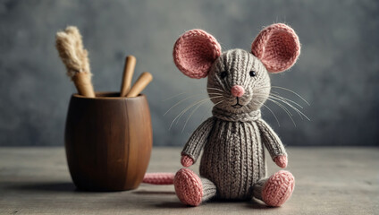 Crocheted gray mouse on a gray background. - obrazy, fototapety, plakaty