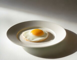 A perfectly fried egg centered on a white porcelain plate, set against a crisp white background, focusing on purity and form