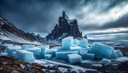 In the foreground, there are blocks of ice on the ground. In the background, there are mountains and a dark sky.