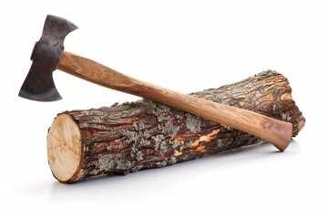 Wooden axe stuck in log on white background