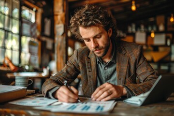 Fototapeta na wymiar Attentive businessman with pen in hand analyzing financial documents in cozy café setting