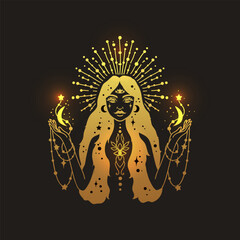 Fairy girl with space hair golden color. Astrology concept, fortune tellers, predictions. Logo vector illustration. Witchcraft, spirituality. - 779684314