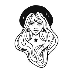 Witch woman wearing hat with stars. Monochrome black and white vector illustration. Halloween concept. Line art tattoo. Spirituality, magic - 779684393