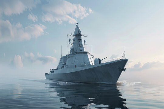 3D render of a Type destroyer in placid waters, with a focus on its sleek design and modern warfare elegance