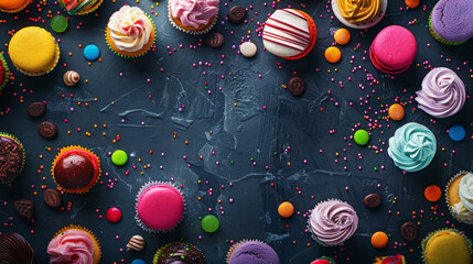 Aesthetic flat lay with sweets, ice cream, cupcakes, macarons, bright colors on dark background. Generative AI