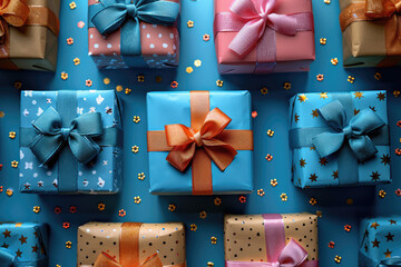 A blue background with gift boxes of different sizes and colors, each wrapped with satin ribbons of various shades. Created with Ai - obrazy, fototapety, plakaty
