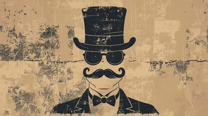 A vintage silhouette of a top hat, mustaches, monocle, and bow tie is offered in vector illustration, with shadows and backgrounds on separate layers for easy editing - obrazy, fototapety, plakaty
