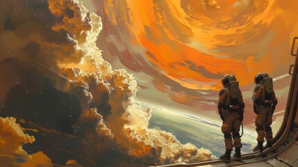 Two space travelers, in suits, stand at the airlock of their ship, looking out at the swirling clouds of a gas giant