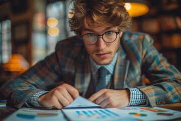 A young man with glasses intensely studies documents at his desk with a serious expression