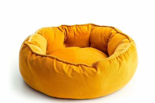 Yellow dog bed on white surface viewed from an angle
