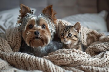 Yorkshire terrier and kitten snuggle under blanket on bed gazing upwards