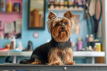 Yorkshire terrier getting groomed at salon - obrazy, fototapety, plakaty