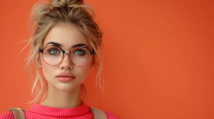 Deurstickers Portrait of a young woman with blonde hair and blue eyes wearing round glasses, posing against a vibrant orange background. © amixstudio