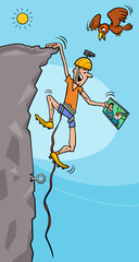cartoon climber watching a broadcast on a tablet pc - 779685533