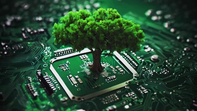 Small tree growing on microchip computer, environmental tech. Generated with AI