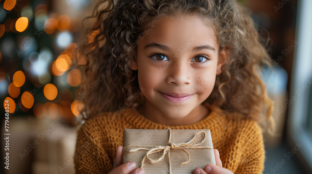 Wall mural Portrait of a cheerful young girl with curly hair holding a wrapped gift box, with soft bokeh lights in the background suggesting a festive, holiday atmosphere.