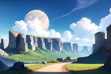 RPGファンタジーゲームオープニング風山と緑と自然と青空風景 - obrazy, fototapety, plakaty
