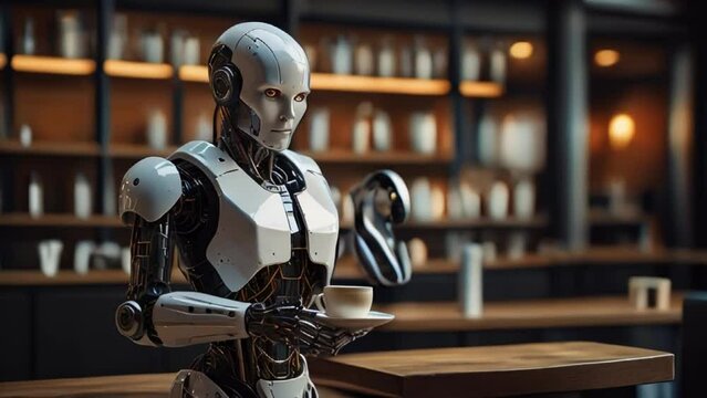 AI Robot waiter and barista, makes coffee for visitors