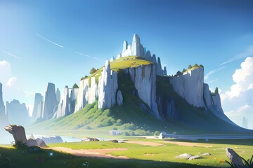 RPGファンタジーゲームオープニング風山と緑と自然と青空風景