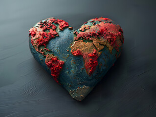 Heart-shaped model of Earth with raised relief continents on a dark background. Conceptual image for global love, geography education, and environmental awareness, environmental campaigns, Earth Day - obrazy, fototapety, plakaty