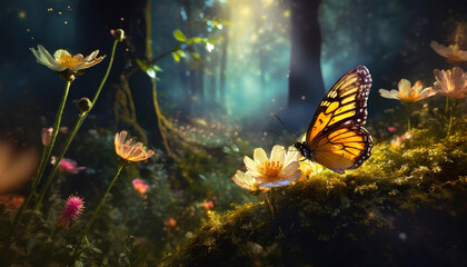 Beautiful fantasy magic forest with butterflies and light spots. . Fairy tale outdoor background. Generative AI
