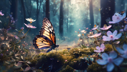 Beautiful fantasy magic forest with butterflies and light spots. . Fairy tale outdoor background. Generative AI