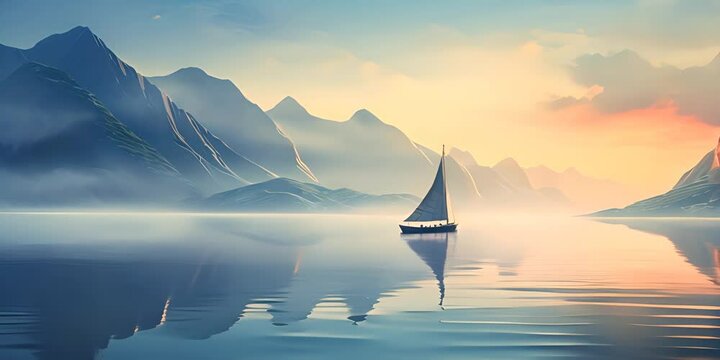 A serene image of a sailboat gliding over calm waters with misty hills in the background 4K Video